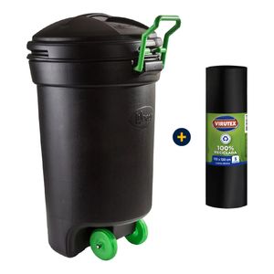 Combo Basurero Con Ruedas 75 L Negro Wenco + Bolsa Basura Biorollo 110 x 120 cm 5 un