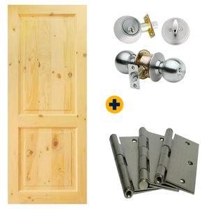 Pack Puerta Exterior Aurora 80 x 200 cm Pino Radiata + Cerradura cilindrica Sfera inox Poli + cerrojo + Bisagra L87 3 x 3" Niquel 3 un