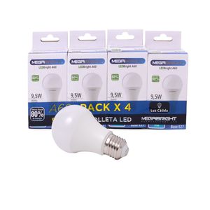 Pack 4 Ampolletas Led A60 E27 9,5 W Luz Cálida