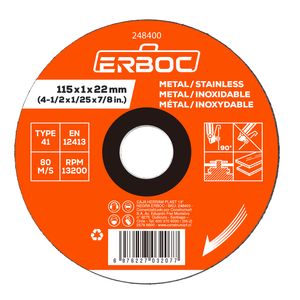 Disco de corte Metal/Acero Inox 4 1/2X1X7/8" Erboc