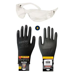 Combo Lente De Seguridad Eagle Tech Claro + Guante Palma Reforzado Poliuretano Talla 8 Negro