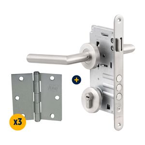 Combo Cerradura De Embutir Manilla Oficina Toscana B60 Acero Inoxidable Brillante + Bisagra L88 3,5 x 3,5" Niquel 3 un