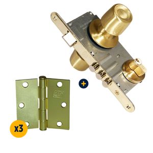 Combo Cerradura De Embutir Pomo Acceso Exterior Fijo Urbano B60 Bronce Brillante + Bisagra L88 3 x 3" Bronce 3 un
