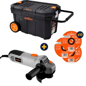 Pack Esmeril Angular 115 mm 650 W +10 Disco de corte Metal/Acero Inox 4 1/2X1X7/8"+ Caja de herramientas plasticas con rueda 24" Erboc