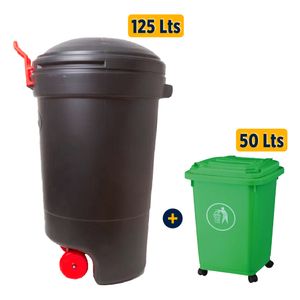 Combo Basurero Con Ruedas 125 Lt + Basurero Verde 50L