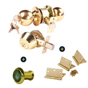 Combo Cerradura + Cerrojo Bronce + Mirilla Visor Bronce + Bisagra 3,5 x 3,5" Bronce (3 un)