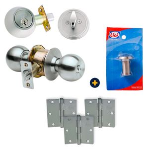 Combo Cerradura Cilíndrica Inoxidable + Cerrojo + Mirilla + Bisagras L88  3,5X3,5" 3 Und