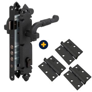Combo Cerradura Embutir Rústica + 3 Bisagras Negro
